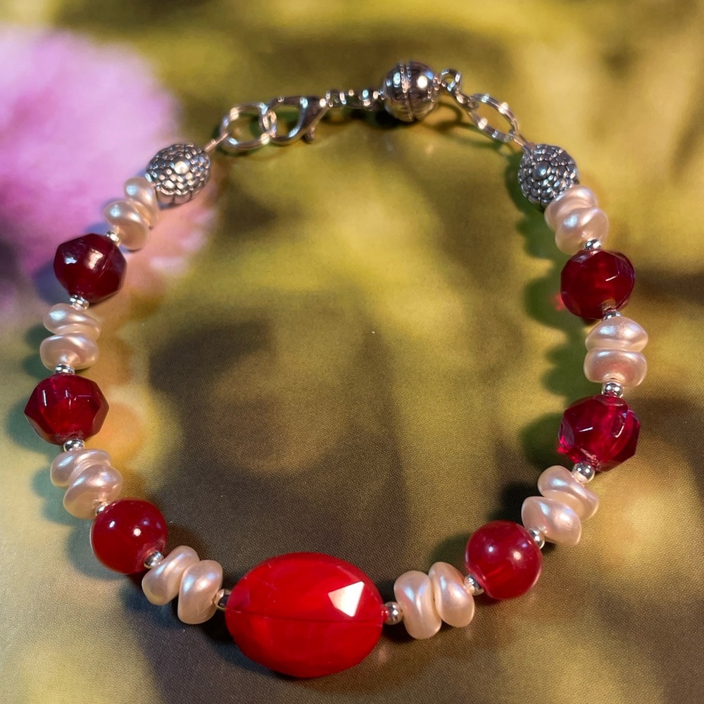 Red and Faux Pearl Bracelet
